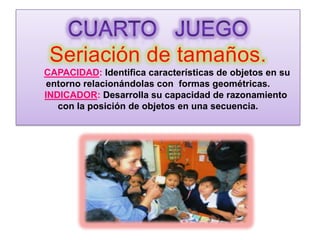 CAPACIDAD: Identifica características de objetos en su
 entorno relacionándolas con formas geométricas.
INDICADOR: Desarrolla su capacidad de razonamiento
   con la posición de objetos en una secuencia.
 