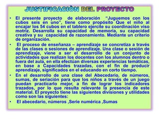 • El presente proyecto de elaboración “Juguemos con los
  cubos seis en uno”, tiene como propósito Que el niño al
  encajar los 54 cubos en el tablero ejercite su coordinación viso
  motriz. Desarrolla su capacidad de memoria, su capacidad
  creativa y su capacidad de razonamiento. Mediante un criterio
  de organización.
• El proceso de enseñanza – aprendizaje se concretiza a través
  de las clases o sesiones de aprendizaje. Una clase o sesión de
  aprendizaje, viene a ser el desarrollo de un conjunto de
  actividades que realizan los docentes con los alumnos dentro o
  fuera del aula, en ella efectúan diversas experiencias temáticas,
  en base a Capacidades trazadas, con el fin de producir
  aprendizaje, significados en el educando en corto tiempo.
• En el desarrollo de una clase del Abecedario, de números,
  sumas, de seriación para que los niños a través de un juego
  puedan practicarlo mejor, a fin de lograr los indicadores
  trazados, por lo que resulta relevante la presencia de este
  material. El proyecto tiene las siguientes divisiones y utilidades
  como son las siguientes:
• El abecedario, números ,Serie numérica ,Sumas
 
