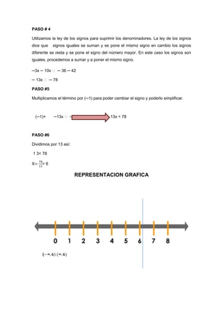 PASO # 4
Utilizamos la ley de los signos para suprimir los denominadores. La ley de los signos
dice que signos iguales se suman y se pone el mismo signo en cambio los signos
diferente se resta y se pone el signo del número mayor. En este caso los signos son
iguales, procedemos a sumar y a poner el mismo signo.
─3x ─ 10x ˃ ─ 36 ─ 42
─ 13x ˃ ─ 78
PASO #5
Multiplicamos el término por (─1) para poder cambiar el signo y poderlo simplificar.
(─1)× ─13x ˃ ─ 18 ─ 13x < 78
PASO #6
Dividimos por 13 así:
1 3< 78
X = 6
REPRESENTACION GRAFICA
(
 