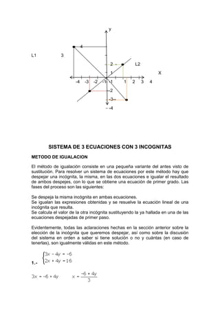 y
- 4
L1 3
2 - L2
1 X
-4 -3 -2 -1 -1 1 2 3 4
--2
-3--
-4
SISTEMA DE 3 ECUACIONES CON 3 INCOGNITAS
METODO DE IGUALACION
El método de igualación consiste en una pequeña variante del antes visto de
sustitución. Para resolver un sistema de ecuaciones por este método hay que
despejar una incógnita, la misma, en las dos ecuaciones e igualar el resultado
de ambos despejes, con lo que se obtiene una ecuación de primer grado. Las
fases del proceso son las siguientes:
Se despeja la misma incógnita en ambas ecuaciones.
Se igualan las expresiones obtenidas y se resuelve la ecuación lineal de una
incógnita que resulta.
Se calcula el valor de la otra incógnita sustituyendo la ya hallada en una de las
ecuaciones despejadas de primer paso.
Evidentemente, todas las aclaraciones hechas en la sección anterior sobre la
elección de la incógnita que queremos despejar, así como sobre la discusión
del sistema en orden a saber si tiene solución o no y cuántas (en caso de
tenerlas), son igualmente válidas en este método.
1.-
 