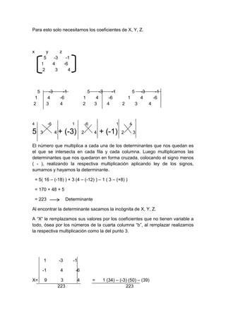 Para esto solo necesitamos los coeficientes de X, Y, Z.
x y z
5 -3 -1
1 4 -6
2 3 4
5 -3 -1 5 -3 -1 5 -3 -1
1 4 -6 1 4 -6 1 4 -6
2 3 4 2 3 4 2 3 4
4 -6 1 -6 1 4
5 3 4 + (-3) 2 4 + (-1) 2 3
El número que multiplica a cada una de los determinantes que nos quedan es
el que se intersecta en cada fila y cada columna. Luego multiplicamos las
determinantes que nos quedaron en forma cruzada, colocando el signo menos
( - ), realizando la respectiva multiplicación aplicando ley de los signos,
sumamos y hayamos la determinante.
= 5( 16 – (-18) ) + 3 (4 – (-12) ) – 1 ( 3 – (+8) )
= 170 + 48 + 5
= 223 Determinante
Al encontrar la determinante sacamos la incógnita de X, Y, Z.
A “X” le remplazamos sus valores por los coeficientes que no tienen variable a
todo, ósea por los números de la cuarta columna “b”, al remplazar realizamos
la respectiva multiplicación como la del punto 3.
1 -3 -1
-1 4 -6
X= 9 3 4 = 1 (34) – (-3) (50) – (39)
223 223
 
