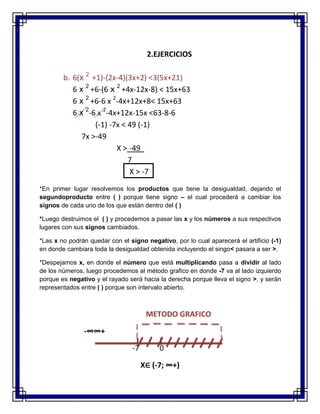 2.EJERCICIOS
b. 6(x 2
+1)-(2x-4)(3x+2) <3(5x+21)
6 x 2
+6-(6 x 2
+4x-12x-8) < 15x+63
6 x 2
+6-6 x 2
-4x+12x+8< 15x+63
6 x 2
-6 x 2
-4x+12x-15x <63-8-6
(-1) -7x < 49 (-1)
7x >-49
X > -49
7
X > -7
METODO GRAFICO
-∞∞+
-7 0
X∈ (-7; ∞+)
*En primer lugar resolvemos los productos que tiene la desigualdad, dejando el
segundoproducto entre ( ) porque tiene signo – el cual procederá a cambiar los
signos de cada uno de los que están dentro del ( )
*Luego destruimos el ( ) y procedemos a pasar las x y los números a sus respectivos
lugares con sus signos cambiados.
*Las x no podrán quedar con el signo negativo, por lo cual aparecerá el artificio (-1)
en donde cambiara toda la desigualdad obtenida incluyendo el singo< pasara a ser >.
*Despejamos x, en donde el número que está multiplicando pasa a dividir al lado
de los números, luego procedemos al método grafico en donde -7 va al lado izquierdo
porque es negativo y el rayado será hacia la derecha porque lleva el signo >, y serán
representados entre ( ) porque son intervalo abierto.
 