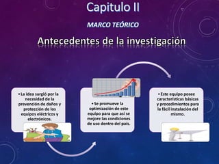 MARCO TEÓRICO
•La idea surgió por la
necesidad de la
prevención de daños y
protección de los
equipos eléctricos y
electrónicos.
•Se promueve la
optimización de este
equipo para que así se
mejore las condiciones
de uso dentro del país.
•Este equipo posee
características básicas
y procedimientos para
la fácil instalación del
mismo.
 