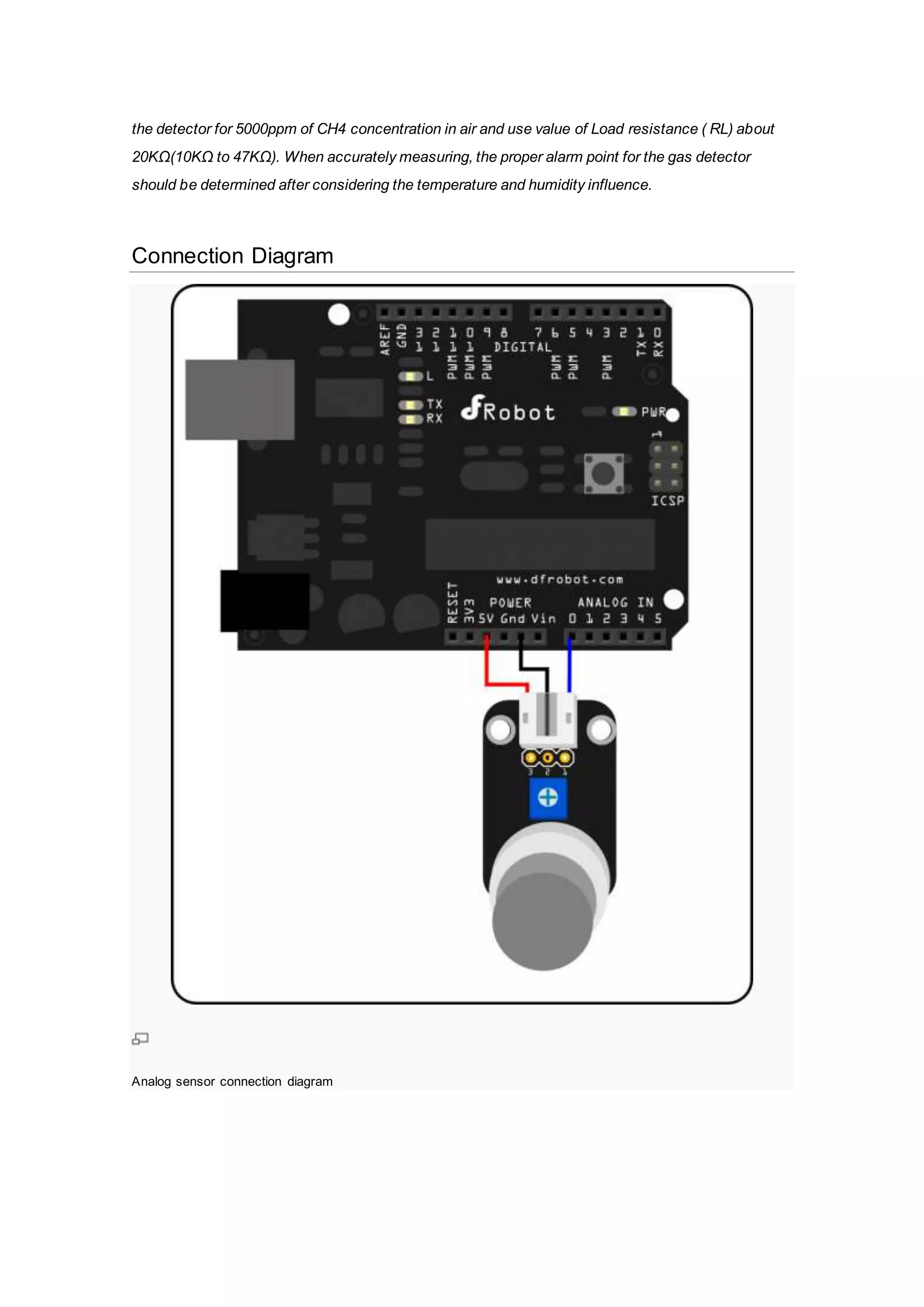 the detector for 5000ppm of CH4 concentration in air and use value of Load resistance ( RL) about
20KΩ(10KΩ to 47KΩ). When accurately measuring, the proper alarm point for the gas detector
should be determined after considering the temperature and humidity influence.
Connection Diagram
Analog sensor connection diagram
 