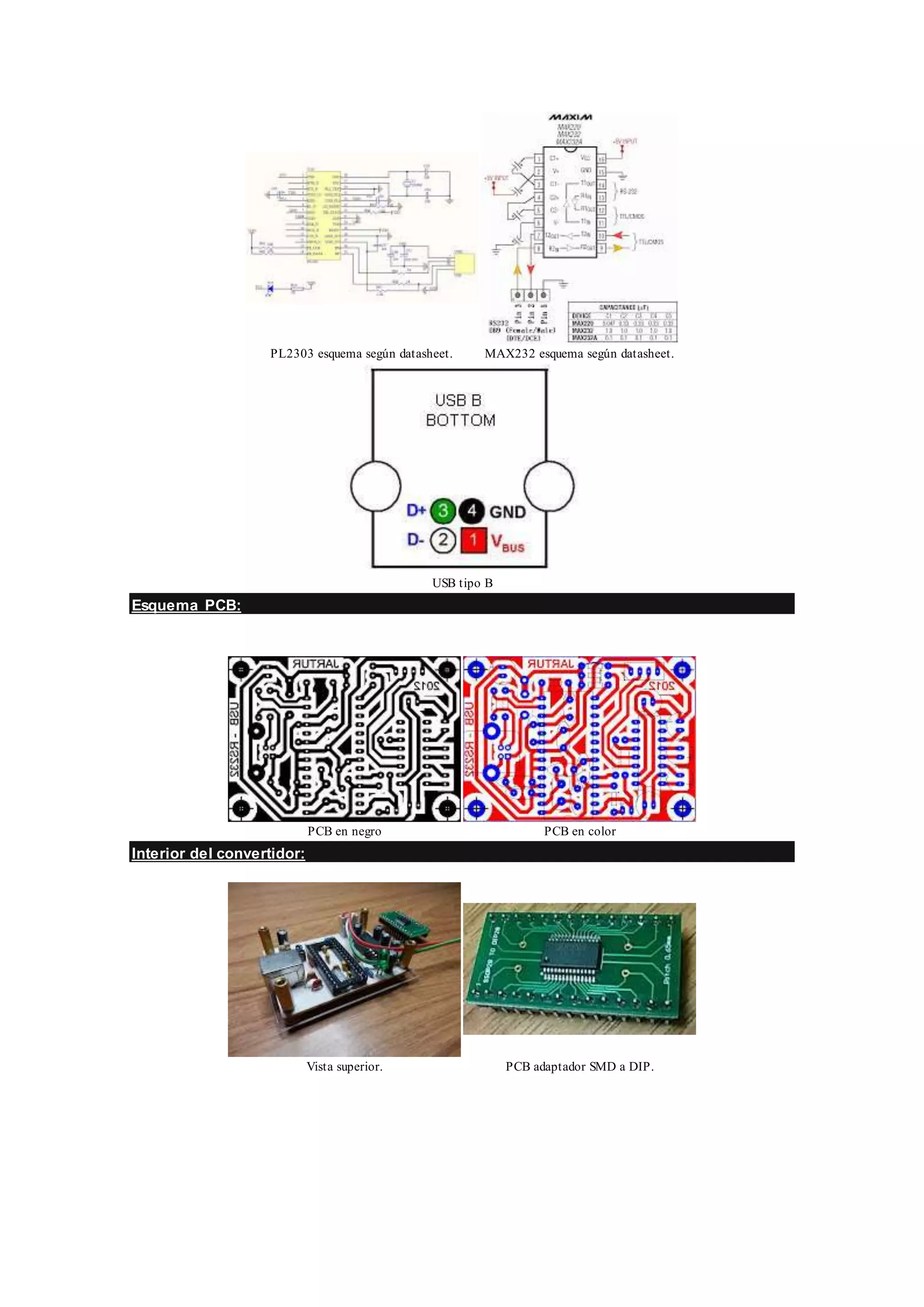PL2303 esquema según datasheet. MAX232 esquema según datasheet.
USB tipo B
Esquema PCB:
PCB en negro PCB en color
Interior del convertidor:
Vista superior. PCB adaptador SMD a DIP.
 