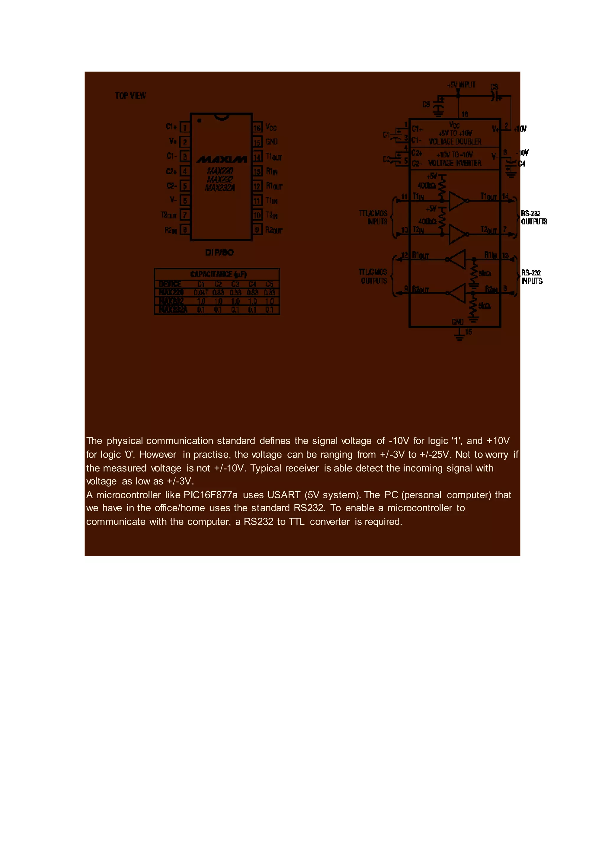 The physical communication standard defines the signal voltage of -10V for logic '1', and +10V
for logic '0'. However in practise, the voltage can be ranging from +/-3V to +/-25V. Not to worry if
the measured voltage is not +/-10V. Typical receiver is able detect the incoming signal with
voltage as low as +/-3V.
A microcontroller like PIC16F877a uses USART (5V system). The PC (personal computer) that
we have in the office/home uses the standard RS232. To enable a microcontroller to
communicate with the computer, a RS232 to TTL converter is required.
 