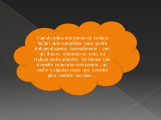Cuando todos mis planes de  trabajo  hallan  sido cumplidos  pues  podre   independizarme   normalmente  ,  con mi  dinero   obtenido en  todo  mi  trabajo podre adquirir   los bienes  que necesite  como una casa propia  , mi coche  y algunas cosas  que  necesite  para  cuando  me case…..