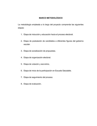 MARCO METODOLÓGICO


La metodología empleada a lo largo del proyecto comprende las siguientes
etapas:


   1. Etapa de inducción y educación hacia el proceso electoral.


   2. Etapa de postulación de candidatos a diferentes figuras del gobierno
      escolar.


   3. Etapa de socialización de propuestas.


   4. Etapa de organización electoral.


   5. Etapa de votación y escrutinio.


   6. Etapa de inicio de la participación en Escuela Saludable.


   7. Etapa de seguimiento del proceso.


   8. Etapa de evaluación.
 