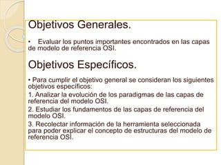 Objetivos Generales.
• Evaluar los puntos importantes encontrados en las capas
de modelo de referencia OSI.
Objetivos Específicos.
• Para cumplir el objetivo general se consideran los siguientes
objetivos específicos:
1. Analizar la evolución de los paradigmas de las capas de
referencia del modelo OSI.
2. Estudiar los fundamentos de las capas de referencia del
modelo OSI.
3. Recolectar información de la herramienta seleccionada
para poder explicar el concepto de estructuras del modelo de
referencia OSI.
 