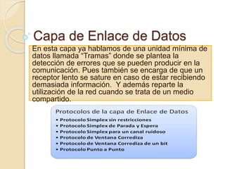 Capa de Enlace de Datos
En esta capa ya hablamos de una unidad mínima de
datos llamada “Tramas” donde se plantea la
detección de errores que se pueden producir en la
comunicación. Pues también se encarga de que un
receptor lento se sature en caso de estar recibiendo
demasiada información. Y además reparte la
utilización de la red cuando se trata de un medio
compartido.
 
