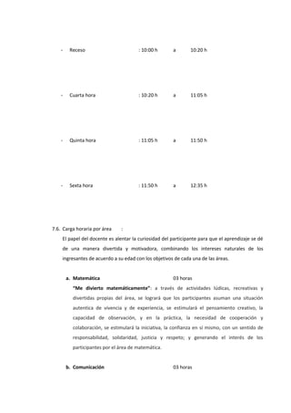 - Receso : 10:00 h a 10:20 h
- Cuarta hora : 10:20 h a 11:05 h
- Quinta hora : 11:05 h a 11:50 h
- Sexta hora : 11:50 h a 12:35 h
7.6. Carga horaria por área :
El papel del docente es alentar la curiosidad del participante para que el aprendizaje se dé
de una manera divertida y motivadora, combinando los intereses naturales de los
ingresantes de acuerdo a su edad con los objetivos de cada una de las áreas.
a. Matemática 03 horas
“Me divierto matemáticamente”: a través de actividades lúdicas, recreativas y
divertidas propias del área, se logrará que los participantes asuman una situación
autentica de vivencia y de experiencia, se estimulará el pensamiento creativo, la
capacidad de observación, y en la práctica, la necesidad de cooperación y
colaboración, se estimulará la iniciativa, la confianza en sí mismo, con un sentido de
responsabilidad, solidaridad, justicia y respeto; y generando el interés de los
participantes por el área de matemática.
b. Comunicación 03 horas
 