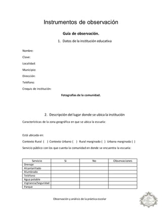 Observación y análisis de la práctica escolar
Instrumentos de observación
Guía de observación.
1. Datos de la institución educativa
Nombre:
Clave:
Localidad:
Municipio:
Dirección:
Teléfono:
Croquis de institución:
Fotografías de la comunidad.
2. Descripción del lugar donde se ubica la institución
Características de la zona geográfica en que se ubica la escuela:
Está ubicada en:
Contexto Rural ( ) Contexto Urbano ( ) Rural marginado ( ) Urbana marginada ( )
Servicio público con los que cuenta la comunidad en donde se encuentra la escuela:
Servicio Si No Observaciones
Drenaje
Alcantarillado
Alumbrado
Teléfono
Agua potable
Vigilancia/Seguridad
Parque
 