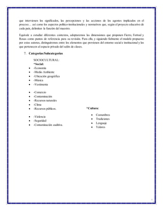 6
que intervienen los significados, las percepciones y las acciones de los agentes implicados en el
proceso… así como los aspectos político-institucionales y normativos que, según el proyecto educativo de
cada país, delimitan la función del maestro.
Equivale a estudiar diferentes contextos, adoptaremos las dimensiones que proponen Fierro, Fortoul y
Rosas como puntos de referencia para su revisión. Para ello, y siguiendo fielmente el modelo propuesto
por estas autoras, distinguiremos entre los elementos que provienen del entorno social e institucional y los
que pertenecen al espacio privado del salón de clases.
7. Categorías/Subcategorías
SOCIOCULTURAL:
*Social:
 -Economía
 -Medio Ambiente
 -Ubicación geográfica
 -Música
 -Vestimenta
 -Comercio
 -Contaminación
 -Recursos naturales
 -Clima
 -Recursos públicos.
 -Violencia
 -Seguridad
 -Contaminación auditiva.
*Cultura:
 Costumbres
 Tradiciones
 Lenguaje
 Valores
 