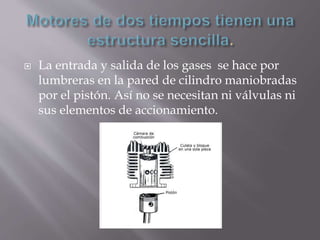  La entrada y salida de los gases se hace por
lumbreras en la pared de cilindro maniobradas
por el pistón. Así no se necesitan ni válvulas ni
sus elementos de accionamiento.
 