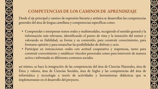 Desde el eje principal y camino de expresión literaria y artística se desarrollan las competencias
generales del área de lengua castellana y competencias específicas como:
• Comprender e interpretar textos orales y multimodales, recogiendo el sentido general y la
información más relevante, identificando el punto de vista y la intención del emisor y
valorando su fiabilidad, su forma y su contenido, para construir conocimiento, para
formarse opinión y para ensanchar las posibilidades de disfrute y ocio.
• Participar en interacciones orales con actitud cooperativa y respetuosa, tanto para
construir conocimiento y establecer vínculos personales como para intervenir de manera
activa e informada en diferentes contextos sociales.
así mismo, se hace la integración de las competencias del área de Ciencias Naturales, área de
Ética y valores, área de Ciencias Sociales, área de Ingles y las competencias del área de
informática y tecnología a través de actividades y herramientas didácticas que se
implementaran en el desarrollo del proyecto.
COMPETENCIAS DE LOS CAMINOS DE APRENDIZAJE
 