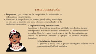 FASES DE EJECUCIÓN
• Diagnóstico, que consiste en la recopilación de información, su
ordenamiento e interpretación.
• Planeación: Se escoge el tema, su objetivo, justificación y metodología;
en este caso la tradición oral como elemento potencializador de las
habilidades comunicativas.
2. Implementación y Sistematización:
Consiste en el desarrollo de una serie de actividades con el ánimo de tener
una experiencia más cercana a nuestra problemática o a nuestro fenómeno
a estudiar. Posterior a estas experiencias se hará la sistematización que
consiste en recuperar, tematizar y apropiar las distintas prácticas
formativas.
3. Socialización de resultados
El proyecto y por lo tanto el proceso investigativo culmina con la
presentación y difusión de resultados.
 
