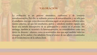 La evaluación es un proceso sistemático, cualitativo y de continua
retroalimentación. Por ello, se realizarán procesos de autoevaluación, y no sólo para
el estudiante, sino que como docentes debemos seguir en un proceso reflexivo sobre
nuestra práctica, así que los estudiantes, padres y sabedores tendrán espacio para
hacer una mirada introspectiva de su participación y avance en el proceso. Sin
embargo, también se recurrirá a la heteroevaluación, no entendiéndose como una
única vía, docente – alumno, como se acostumbra; sino que aquí también habrá un
concepto de los padres y los sabedores frente al avance de sus saberes encaminados
en el fortalecimiento de la cultura Zenú.
VALORACIÓN
 