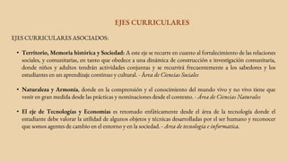 EJES CURRICULARES
EJES CURRICULARES ASOCIADOS:
• Territorio, Memoria histórica y Sociedad: A este eje se recurre en cuanto al fortalecimiento de las relaciones
sociales, y comunitarias, en tanto que obedece a una dinámica de construcción e investigación comunitaria,
donde niños y adultos tendrán actividades conjuntas y se recurrirá frecuentemente a los sabedores y los
estudiantes en un aprendizaje continuo y cultural. - Área de Ciencias Sociales
• Naturaleza y Armonía, donde en la comprensión y el conocimiento del mundo vivo y no vivo tiene que
venir en gran medida desde las prácticas y nominaciones desde el contexto. - Área de Ciencias Naturales
• El eje de Tecnologías y Economías es retomado enfáticamente desde el área de la tecnología donde el
estudiante debe valorar la utilidad de algunos objetos y técnicas desarrolladas por el ser humano y reconocer
que somos agentes de cambio en el entorno y en la sociedad. - Area de tecnologia e informatica.
 