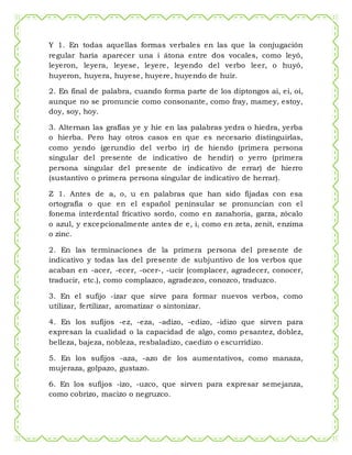 Y 1. En todas aquellas formas verbales en las que la conjugación
regular haría aparecer una i átona entre dos vocales, como leyó,
leyeron, leyera, leyese, leyere, leyendo del verbo leer, o huyó,
huyeron, huyera, huyese, huyere, huyendo de huir.
2. En final de palabra, cuando forma parte de los diptongos ai, ei, oi,
aunque no se pronuncie como consonante, como fray, mamey, estoy,
doy, soy, hoy.
3. Alternan las grafías ye y hie en las palabras yedra o hiedra, yerba
o hierba. Pero hay otros casos en que es necesario distinguirlas,
como yendo (gerundio del verbo ir) de hiendo (primera persona
singular del presente de indicativo de hendir) o yerro (primera
persona singular del presente de indicativo de errar) de hierro
(sustantivo o primera persona singular de indicativo de herrar).
Z 1. Antes de a, o, u en palabras que han sido fijadas con esa
ortografía o que en el español peninsular se pronuncian con el
fonema interdental fricativo sordo, como en zanahoria, garza, zócalo
o azul, y excepcionalmente antes de e, i, como en zeta, zenit, enzima
o zinc.
2. En las terminaciones de la primera persona del presente de
indicativo y todas las del presente de subjuntivo de los verbos que
acaban en -acer, -ecer, -ocer-, -ucir (complacer, agradecer, conocer,
traducir, etc.), como complazco, agradezco, conozco, traduzco.
3. En el sufijo -izar que sirve para formar nuevos verbos, como
utilizar, fertilizar, aromatizar o sintonizar.
4. En los sufijos -ez, -eza, -adizo, -edizo, -idizo que sirven para
expresan la cualidad o la capacidad de algo, como pesantez, doblez,
belleza, bajeza, nobleza, resbaladizo, caedizo o escurridizo.
5. En los sufijos -aza, -azo de los aumentativos, como manaza,
mujeraza, golpazo, gustazo.
6. En los sufijos -izo, -uzco, que sirven para expresar semejanza,
como cobrizo, macizo o negruzco.
 
