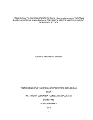 PRODUCCIÓN Y COMERCIALIZACION DE PAPA (Solanum tuberosum), VARIEDAD
PASTUSA SUPREMA, EN LA FINCA LA ESPERANZA, VEREDA NARIÑO MUNICIPIO
DE RONDON BOYACA

IVAN ARCENIO MORA PINZON

TECNICO EN EXPLOTACIONES AGROPECUARIAS ECOLOGICAS
SENA
INSTITUCION EDUCATIVA TECNICA AGROPECUARIA
SAN RAFAEL
RONDON BOYACA
2013
1

 