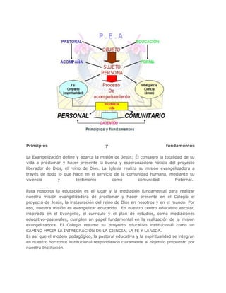 Principios y fundamentos
La Evangelización define y abarca la misión de Jesús; Él consagro la totalidad de su
vida a proclamar y hacer presente la buena y esperanzadora noticia del proyecto
liberador de Dios, el reino de Dios. La Iglesia realiza su misión evangelizadora a
través de todo lo que hace en el servicio de la comunidad humana, mediante su
vivencia y testimonio como comunidad fraternal.
Para nosotros la educación es el lugar y la mediación fundamental para realizar
nuestra misión evangelizadora de proclamar y hacer presente en el Colegio el
proyecto de Jesús, la instauración del reino de Dios en nosotros y en el mundo. Por
eso, nuestra misión es evangelizar educando. En nuestro centro educativo escolar,
inspirado en el Evangelio, el currículo y el plan de estudios, como mediaciones
educativo-pastorales, cumplen un papel fundamental en la realización de la misión
evangelizadora. EI Colegio resume su proyecto educativo institucional como un
CAMINO HACIA LA INTREGRACIÓN DE LA CIENCIA, LA FE Y LA VIDA.
Es así que el modelo pedagógico, la pastoral educativa y la espiritualidad se integran
en nuestro horizonte institucional respondiendo claramente al objetivo propuesto por
nuestra Institución.
 