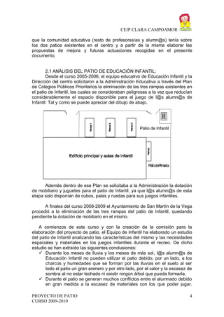 CEIP CLARA CAMPOAMOR
que la comunidad educativa (resto de profesores/as y alumn@s) tenía sobre
los dos patios existentes en el centro y a partir de la misma elaborar las
propuestas de mejora y futuras actuaciones recogidas en el presente
documento.

2.1 ANÁLISIS DEL PATIO DE EDUCACIÓN INFANTIL:
Desde el curso 2005-2006, el equipo educativo de Educación Infantil y la
Dirección del centro solicitaron a la Administración Educativa a través del Plan
de Colegios Públicos Prioritarios la eliminación de las tres rampas existentes en
el patio de Infantil, las cuales se consideraban peligrosas a la vez que reducían
considerablemente el espacio disponible para el juego de l@s alumn@s de
Infantil: Tal y como se puede apreciar del dibujo de abajo.

Patio de Infantil

P tiod P a
a e rimria

Además dentro de ese Plan se solicitaba a la Administración la dotación
de mobiliario y juguetes para el patio de Infantil, ya que l@s alumn@s de esta
etapa solo disponían de cubos, palas y ruedas para sus juegos infantiles.
A finales del curso 2008-2009 el Ayuntamiento de San Martín de la Vega
procedió a la eliminación de las tres rampas del patio de Infantil, quedando
pendiente la dotación de mobiliario en el mismo.
A comienzos de este curso y con la creación de la comisión para la
elaboración del proyecto de patio, el Equipo de Infantil ha elaborado un estudio
del patio de Infantil analizando las características del mismo y las necesidades
espaciales y materiales en los juegos infantiles durante el recreo. De dicho
estudio se han extraído las siguientes conclusiones:
 Durante los meses de lluvia y los meses de más sol, l@s alumn@s de
Educación Infantil no pueden utilizar el patio debido, por un lado, a los
charcos y humedades que se forman por las lluvias en el suelo al ser
todo el patio un gran arenero y por otro lado, por el calor y la escasez de
sombra al no estar techado ni existir ningún árbol que pueda formarla.
 Durante el patio se generan muchos conflictos entre el alumnado debido
en gran medida a la escasez de materiales con los que poder jugar.
PROYECTO DE PATIO
CURSO 2009-2010

4

 