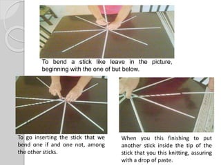 To go inserting the stick that we
bend one if and one not, among
the other sticks.
When you this finishing to put
another stick inside the tip of the
stick that you this knitting, assuring
with a drop of paste.
To bend a stick like leave in the picture,
beginning with the one of but below.
 