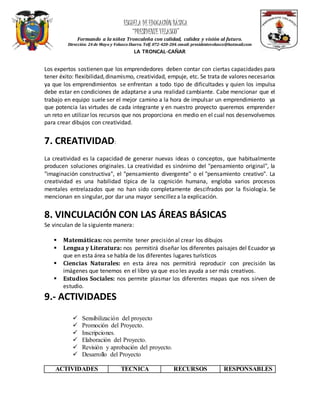 ESCUELA DEEDUCACIÓN BÁSICA
“PRESIDENTEVELASCO”
Formando a la niñez Troncaleña con calidad, calidez y visión al futuro.
Dirección: 24 de Mayo y Velasco Ibarra. Telf.072-420-204.email: presidentevelasco@hotmail.com
LA TRONCAL-CAÑAR
Los expertos sostienen que los emprendedores deben contar con ciertas capacidades para
tener éxito: flexibilidad,dinamismo, creatividad, empuje, etc. Se trata de valores necesarios
ya que los emprendimientos se enfrentan a todo tipo de dificultades y quien los impulsa
debe estar en condiciones de adaptarse a una realidad cambiante. Cabe mencionar que el
trabajo en equipo suele ser el mejor camino a la hora de impulsar un emprendimiento ya
que potencia las virtudes de cada integrante y en nuestro proyecto queremos emprender
un reto en utilizar los recursos que nos proporciona en medio en el cual nos desenvolvemos
para crear dibujos con creatividad.
7. CREATIVIDAD:
La creatividad es la capacidad de generar nuevas ideas o conceptos, que habitualmente
producen soluciones originales. La creatividad es sinónimo del "pensamiento original", la
"imaginación constructiva", el "pensamiento divergente" o el "pensamiento creativo". La
creatividad es una habilidad típica de la cognición humana, engloba varios procesos
mentales entrelazados que no han sido completamente descifrados por la fisiología. Se
mencionan en singular, por dar una mayor sencillez a la explicación.
8. VINCULACIÓN CON LAS ÁREAS BÁSICAS
Se vinculan de la siguiente manera:
 Matemáticas: nos permite tener precisión al crear los dibujos
 Lengua y Literatura: nos permitirá diseñar los diferentes paisajes del Ecuador ya
que en esta área se habla de los diferentes lugares turísticos
 Ciencias Naturales: en esta área nos permitirá reproducir con precisión las
imágenes que tenemos en el libro ya que eso les ayuda a ser más creativos.
 Estudios Sociales: nos permite plasmar los diferentes mapas que nos sirven de
estudio.
9.- ACTIVIDADES
 Sensibilización del proyecto
 Promoción del Proyecto.
 Inscripciones.
 Elaboración del Proyecto.
 Revisión y aprobación del proyecto.
 Desarrollo del Proyecto
ACTIVIDADES TECNICA RECURSOS RESPONSABLES
 