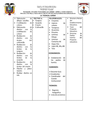 ESCUELA DEEDUCACIÓN BÁSICA
“PRESIDENTEVELASCO”
Formando a la niñez Troncaleña con calidad, calidez y visión al futuro.
Dirección: 24 de Mayo y Velasco Ibarra. Telf.072-420-204.email: presidentevelasco@hotmail.com
LA TRONCAL-CAÑAR
 Elaboración de
dibujos sencillos.
 Combinación de
colores.
 Elaboración de
diseños con la
combinación de
colores
 Realización de
diseños con la
técnica del
carboncillo.
 Realización de
diseños con la
técnica de la
tempera.
 Realización de
diseños con la
técnica de la
acuarela
 Realización de
diseños con la
técnica del crayón
 Diseñar y pintar
tarjetas.
 Realizar diseños en
tela.
TECNICA:
 Tempera
 Acuarela
 Crayón
 Carboncillo
MATERIALES:
 Crayones
 Lápices de
colores
 Temperas
 Acuarelas
 Pinceles
 Láminas de
Dibujo
 Láminas de
Cartulina A4
 Hojas hilo
 Lápiz HB, 4B y 8B
 Tela
ECONOMICOS:
 Colaboración de
los padres de
familia.
HUMANOS:
Docente Guía
Estudiantes
 Coordinador del
Comité
Institucional
TECNICOS:
 Registro
Fotográfico
 Lista de asistencia
 Directoro Rector
del
Establecimiento
Educativo.
 Tutor del
Proyecto
Educativo.
 Directiva de
Padres de
Familia del
Proyecto
educativo.
 