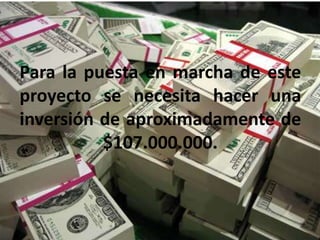 Para la puesta en marcha de este
proyecto se necesita hacer una
inversión de aproximadamente de
$107.000.000.
 