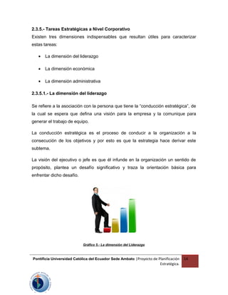 2.3.5.- Tareas Estratégicas a Nivel Corporativo
Existen tres dimensiones indispensables que resultan útiles para caracterizar
estas tareas:
• La dimensión del liderazgo
• La dimensión económica
• La dimensión administrativa
2.3.5.1.- La dimensión del liderazgo
Se refiere a la asociación con la persona que tiene la “conducción estratégica”, de
la cual se espera que defina una visión para la empresa y la comunique para
generar el trabajo de equipo.
La conducción estratégica es el proceso de conducir a la organización a la
consecución de los objetivos y por esto es que la estrategia hace derivar este
subtema.
La visión del ejecutivo o jefe es que él infunde en la organización un sentido de
propósito, plantea un desafío significativo y traza la orientación básica para
enfrentar dicho desafío.
Gráfico 5.- La dimensión del Liderazgo
Pontificia Universidad Católica del Ecuador Sede Ambato |Proyecto de Planificación
Estratégica.
14
 