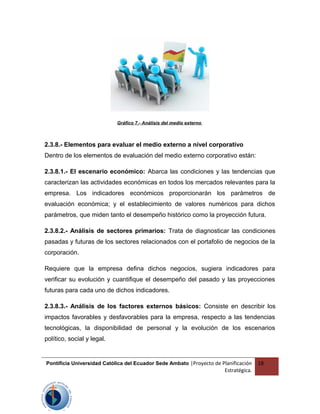 Gráfico 7.- Análisis del medio externo
2.3.8.- Elementos para evaluar el medio externo a nivel corporativo
Dentro de los elementos de evaluación del medio externo corporativo están:
2.3.8.1.- El escenario económico: Abarca las condiciones y las tendencias que
caracterizan las actividades económicas en todos los mercados relevantes para la
empresa. Los indicadores económicos proporcionarán los parámetros de
evaluación económica; y el establecimiento de valores numéricos para dichos
parámetros, que miden tanto el desempeño histórico como la proyección futura.
2.3.8.2.- Análisis de sectores primarios: Trata de diagnosticar las condiciones
pasadas y futuras de los sectores relacionados con el portafolio de negocios de la
corporación.
Requiere que la empresa defina dichos negocios, sugiera indicadores para
verificar su evolución y cuantifique el desempeño del pasado y las proyecciones
futuras para cada uno de dichos indicadores.
2.3.8.3.- Análisis de los factores externos básicos: Consiste en describir los
impactos favorables y desfavorables para la empresa, respecto a las tendencias
tecnológicas, la disponibilidad de personal y la evolución de los escenarios
político, social y legal.
Pontificia Universidad Católica del Ecuador Sede Ambato |Proyecto de Planificación
Estratégica.
18
 