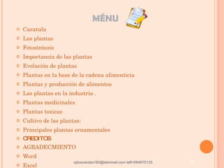 MÉNU Caratula Las plantas Fotosíntesis Importancia de las plantas Evolución de plantas Plantas en la base de la cadena alimenticia Plantas y producción de alimentos Las plantas en la industria . Plantas medicinales Plantas toxicas Cultivo de las plantas: Principales plantas ornamentales  CREDITOS AGRADECMIENTO Word Excel ojitosverdes160@latinmail.com telf=084870135 