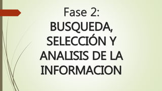 Fase 2: 
BUSQUEDA, 
SELECCIÓN Y 
ANALISIS DE LA 
INFORMACION 
 