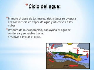 * Ciclo del agua:
* Primero el agua de los mares, ríos y lagos se evapora
 ara convertirse en vapor de agua y ubicarse en las
 nubes.
* Después de la evaporación, con ayuda el agua se
 condensa y se vuelve lluvia.
 Y vuelve a iniciar el ciclo.
 