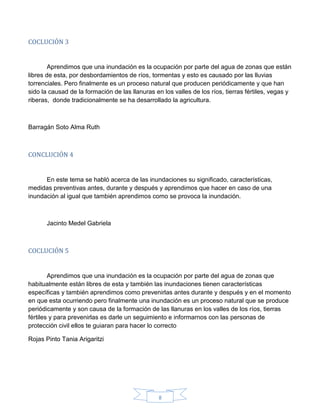 8
COCLUCIÓN 3
Aprendimos que una inundación es la ocupación por parte del agua de zonas que están
libres de esta, por desbordamientos de ríos, tormentas y esto es causado por las lluvias
torrenciales. Pero finalmente es un proceso natural que producen periódicamente y que han
sido la causad de la formación de las llanuras en los valles de los ríos, tierras fértiles, vegas y
riberas, donde tradicionalmente se ha desarrollado la agricultura.
Barragán Soto Alma Ruth
CONCLUCIÓN 4
En este tema se habló acerca de las inundaciones su significado, características,
medidas preventivas antes, durante y después y aprendimos que hacer en caso de una
inundación al igual que también aprendimos como se provoca la inundación.
Jacinto Medel Gabriela
COCLUCIÓN 5
Aprendimos que una inundación es la ocupación por parte del agua de zonas que
habitualmente están libres de esta y también las inundaciones tienen características
específicas y también aprendimos como prevenirlas antes durante y después y en el momento
en que esta ocurriendo pero finalmente una inundación es un proceso natural que se produce
periódicamente y son causa de la formación de las llanuras en los valles de los ríos, tierras
fértiles y para prevenirlas es darle un seguimiento e informarnos con las personas de
protección civil ellos te guiaran para hacer lo correcto
Rojas Pinto Tania Arigaritzi
 