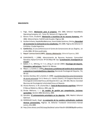 BIBLIOGRAFÍA
1. Page, Dawn, Motivación para el progreso, Año 2004, Editorial ImpreMedia
Operating Company, LLC , Tomo 79, Número 27, Páginas 10A
2. Barona Terán, Elizabeth, Motivación e incentivos de los recursos humanos, año
2004, Editorial Quito: FLACSO sede Ecuador, Páginas 186
3. GuilbertInfante,HaydéeRiesMartuinez,YanetValdés Gutiérrez, Omitsa, Necesidad
de incrementar la motivaciónenlos estudiantes, Año 2009, Páginas20, Editorial: El
Cid Editor, Ciudad Argentina.
4. CamiloCruz, enuna conferenciaenel Centro de Convenciones de Los Ángeles, en
el año 2004, 20 libros publicados
5. Raquel Lorenzo García (1997), Talento y Motivación, Editorial Esparzza, 2003
6. CHIAVENATO, I (1998). Administración de Recursos Humanos. Comunidad
Educativa.ApoyoCurricular. Nº 251 Mayo 98. Cap.”Lamotivación: investigación en
el aula”
7. Bakker, F. C., Whiting, H. T. A. y Brug, H. van der (2003). Psicología del deporte.
Conceptos y aplicaciones. Madrid: Ed. Morata.
8. Mayor, L. y Cantón,E. (2005). Direcciones y problemasdel análisisdela motivación
y emociónen laactividadfísicay deportiva.Revistade Psicología del Deporte, 7-8,
99-112.
9. Sánchez-Gombau,M.C.yCantón,E. (1999). La práctica deportiva como herramienta
de ajuste psicosocial. En G. Nieto y E.J. Garcés (Coord.): VII Congreso Nacional de
Psicologíade laActividadFísicay del Deporte (Vol.I,pp. 159-165). Murcia: Sociedad
Murciana de Psicología de la Actividad Física y el Deporte.
10. Alcaraz Romero, V. M. y Guma Díaz, E. Texto de Neurociencias cognitivas. Editorial
El Manual Moderno, México, 2001, pág. 55.
11. Dirube Mañueco, J. L. Un modelo de gestión por competencias. Lecciones
aprendidas. Gestión 2000, Barcelona, 2004.
12. González: El entrenamiento psicológico en los deportes, 2006, Madrid: Editorial
Dykinson.
13. RODRIGUEZ Kauth, Ángel, La evaluación de los cambios actitudinales mediante
técnicas psicosociales, Páginas: 19, Editorial: Fundación Universitaria Konrad
Lorenz, Año 2009.
14. http://site.ebrary.com/lib/utasp/docDetail.action?docID=10352805&p00=cambios
 