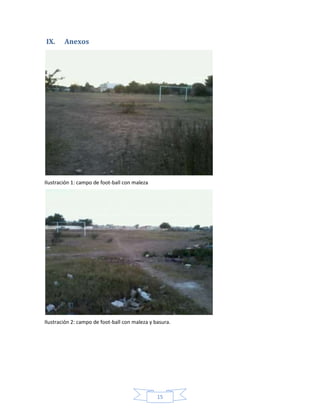 IX.

Anexos

Ilustración 1: campo de foot-ball con maleza

Ilustración 2: campo de foot-ball con maleza y basura.

15

 