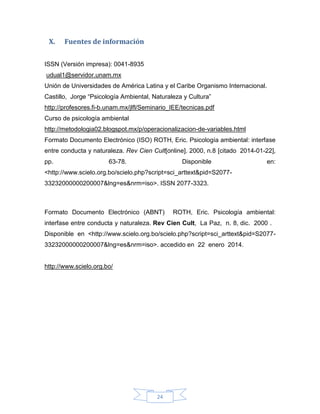 X.

Fuentes de información

ISSN (Versión impresa): 0041-8935
udual1@servidor.unam.mx
Unión de Universidades de América Latina y el Caribe Organismo Internacional.
Castillo, Jorge “Psicología Ambiental, Naturaleza y Cultura”
http://profesores.fi-b.unam.mx/jlfl/Seminario_IEE/tecnicas.pdf
Curso de psicología ambiental
http://metodologia02.blogspot.mx/p/operacionalizacion-de-variables.html
Formato Documento Electrónico (ISO) ROTH, Eric. Psicología ambiental: interfase
entre conducta y naturaleza. Rev Cien Cult[online]. 2000, n.8 [citado 2014-01-22],
pp.

63-78.

Disponible

en:

<http://www.scielo.org.bo/scielo.php?script=sci_arttext&pid=S207733232000000200007&lng=es&nrm=iso>. ISSN 2077-3323.

Formato Documento Electrónico (ABNT)

ROTH, Eric. Psicología ambiental:

interfase entre conducta y naturaleza. Rev Cien Cult, La Paz, n. 8, dic. 2000 .
Disponible en <http://www.scielo.org.bo/scielo.php?script=sci_arttext&pid=S207733232000000200007&lng=es&nrm=iso>. accedido en 22 enero 2014.

http://www.scielo.org.bo/

24

 