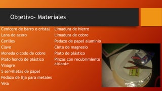Objetivo- Materiales
Cenicero de barro o cristal
Lana de acero
Cerillos
Clavo
Moneda o codo de cobre
Plato hondo de plástico
Vinagre
5 servilletas de papel
Pedazo de lija para metales
Vela
Limadura de hierro
Limadura de cobre
Pedazo de papel aluminio
Cinta de magnesio
Plato de plástico
Pinzas con recubrimiento
aislante
 