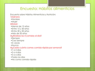 Encuesta: Hábitos alimenticios
Encuesta sobre Hábitos Alimenticios y Nutrición:
1)Género:
•Hombre
•Mujer
2)Edad:
•Menor de 15 años
•Entre 15 y 30 años
•Entre 30 y 50 años
•Más de 50 años
3)¿Realizas las 4 comidas al día?
•Siempre
•Casi siempre
•A veces
•Nunca
4)¿Cada cuánto comes comida rápida por semana?
•1 o 2 días
•3 o 4 días
•5 o 6 días
•Todos los días
•No como comida rápida
 