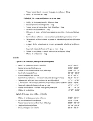     Voz del locutor dando a conocer al equipo de producción -15seg
                   Música de fondo inicial – 3seg

               Capítulo 3: Voy a tener un hijo más y no sé qué hacer

                   Música de fondo característica del tema - 3seg
                   Locutor presenta el título general – 5seg
                   Voz del locutor presentando el título del diálogo – 5seg
                   Se eleva la música de fondo - 3seg
                   El locutor da pase a la historia con palabras esenciales relacionas al diálogo -
                    13seg
                   Se introduce a la historia a través de la actuación de los personajes – 1´12´´
                   Se desarrolla la historia dando a conocer el planteamiento de la problemática
                    – 2´15´´
                   A través de las actuaciones se ofrecerá una posible solución al problema –
                    1´13´´
                   Se pone la música de fondo con la que se inició – 3seg
                   Voz del locutor dando a conocer al equipo de producción -15seg
                   Música de fondo inicial – 3seg

Escaleta:

    Capítulo 1: Mi silencio no preocupara más a mis padres

       Música de fondo característica del tema                                  00´00´´ - 00´03´´
       Locutor presenta el título general                                       00´03´´ - 00´08´´
       Voz del locutor presentando el título del diálogo                        00´08´´ - 00´´ 13´´
       Se eleva la música de fondo                                              00´´ 13´´ - 00´18´´
       El locutor da pase a la historia.                                        00´18´´ - 00´28´´
       Se introduce a la historia a través de la actuación de los personajes    00´28´´ - 01´28´´
       Se desarrolla la historia (planteamiento de la problemática)              01´28´´ - 03´59´´
       A través de las actuaciones se ofrecerá una posible solución al problema 03´59´´ - 05´09´´
       Se pone la música de fondo con la que se inició                           05´09´´ - 05´12´´
       Voz del locutor dando a conocer al equipo de producción                   05´12´´ - 05´ 27´´
       Música de fondo inicial                                                   05´ 27´´ - 05´30´´

    Capítulo 2: No supe cómo cuidar a mi familia

       Música de fondo característica del tema                                  00´00´´ - 00´03´´
       Locutor presenta el título general                                       00´03´´ - 00´08´´
       Voz del locutor presentando el título del diálogo                        00´08´´ - 00´´ 13´´
       Se eleva la música de fondo                                              00´´ 13´´ - 00´18´´
       El locutor da pase a la historia.                                        00´18´´ - 00´28´´
 