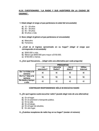 A.2.8. CUESTIONARIO: “LA RADIO Y SUS AUDITORES EN LA CIUDAD DE
OSORNO”.
1. Edad (elegir el rango al que pertenezca la edad del encuestado)
a) 15 – 24 años
b) 25 – 39 años
c) 40 – 54 años
d) 55 años o más
2. Sexo (elegir el género al que pertenezca el encuestado)
a) Masculino
b) Femenino
3. ¿Cuál es el ingreso aproximado en su hogar? (elegir el rango que
corresponda al encuestado)
a) $500.000 o más.
b) Menor que $500.000 pero mayor a $150.000.
c) $150.000 o menos.
4. ¿Con qué frecuencia.... (elegir sólo una alternativa por cada pregunta)
PREGUNTAS
...ve
televisión?
...escucha
Radio?
...lee el
diario?
Utiliza
Internet
De 1 a 4 días a la
semana
a) a) a) a)
De 5 a 7 días a la
semana
b) b) b) b)
No dedico tiempo
a ello
c) c) c) c)
CONTINUAR RESPONDIENDO SÓLO SI ESCUCHA RADIO
5. ¿En qué lugares suele escuchar radio? (puede elegir más de una alternativa)
a) En el hogar.
b) En el automóvil o transporte público.
c) En la calle.
d) En el trabajo.
e) En el lugar de estudios.
f) En otro lugar.
6. ¿Cuántos receptores de radio hay en su hogar? (anotar el número)
 
