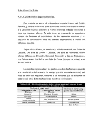 A.4.4. Control de Ruido.
A.4.4.1. Distribución de Espacios Interiores.
Esta materia se asocia al ordenamiento espacial interno del Edificio
Estudios, y tiene la finalidad de evitar soluciones constructivas costosas debido
a la ubicación de zonas exteriores o recintos interiores ruidosos colindantes a
otros que requieren silencio. De esta forma, se organizarán los espacios a
manera de favorecer el cumplimiento de las exigencias acústicas y no
perjudicar la comunicación entre las distintas dependencias al interior del
edificio de estudios.
Según Obras Físicas, el mencionado edificio contendrá: dos Salas de
Locución, una Sala de Control - Locución, una Sala de Reuniones, cuatro
oficinas (Oficinas de Dirección, Comercial; Recepción y Sala de Producción),
una Sala de Aseo, dos Baños, una Sala de Enlace (equipos de enlace) y un
Archivo Musical.
Los recintos mencionados y los pasillos, pueden clasificarse de acuerdo
a la característica de frecuencia de uso (ya que ésta se asocia con ruido) y el
ruido de fondo que requieren, conforme a las funciones que se realizarán en
cada uno de ellos. Esta clasificación se muestra a continuación:
TABLA A.4.2. – Clasificación acústica de los recintos, según su frecuencia de uso
y requerimientos de ruido de fondo.
Recintos de mayor uso...
…que requieren más
Silencio.
…que requieren menos
Silencio.
Recintos de menor uso y
que no requieren Silencio.
Locutorio 1 Oficina de Dirección Baños
Locutorio 2 Oficina Comercial Pasillos
Sala de
Control - Locución
Sala de Producción Archivo Musical
Sala de Reuniones Recepción Sala de Enlace
- - Sala de Aseo
 