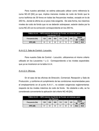 Para nuestra actividad, se estima adecuado utilizar como referencia la
curva NC-20 [54] ya que, implica menores niveles de ruido de fondo que la
curva Isofónica de 30 fonos en todas las frecuencias medias, excepto en la de
250 Hz., donde la última es un poco más exigente. De esta forma, los máximos
niveles de ruido de fondo que no se deberán sobrepasar, estarán dados por la
curva NC-20 con la corrección correspondiente en los 250 Hz.
TABLA A.4.4. – NPS máximo de Ruido de Fondo, en octavas, para
Locutorios 1 y 2.
Global
Frecuencia (Hz) 125 250 500 1 K 2 K 4 K
dB dB(A)
NPS (dB) 40 32 26 22 19 17 40,9 29,9
A.4.4.2.3. Sala de Control - Locución.
Para nuestra Sala de Control - Locución, utilizaremos el mismo criterio
utilizado en los Locutorios 1 y 2. Correspondiendo a los niveles espectrales
que ya se mostraron en la tabla A.4.4.
A.4.4.2.4. Oficinas.
En el caso de las oficinas de Dirección, Comercial, Recepción y Sala de
Producción, y conforme al cumplimiento de las condiciones recomendadas para
el emplazamiento en el punto A.4.4.1., no existen exigencias reglamentarias
respecto de los niveles máximos de ruido de fondo. No obstante a ello, se ha
considerado conveniente la aplicación del criterio NC-40 [54].
TABLA A.4.5. – NPS máximo de Ruido de Fondo, en octavas, para
las Oficinas.
Global
Frecuencia (Hz) 125 250 500 1 K 2 K 4 K
dB dB(A)
NPS (dB) 57 50 45 41 39 38 58,2 48,6
 