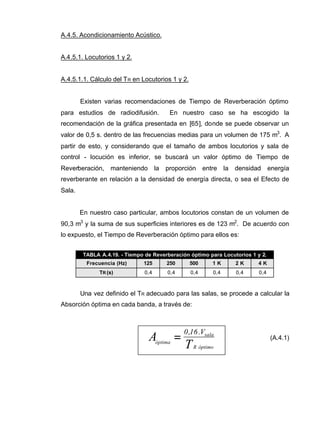 T
A
óptimoR
sala
óptima
V.16,0
=
A.4.5. Acondicionamiento Acústico.
A.4.5.1. Locutorios 1 y 2.
A.4.5.1.1. Cálculo del TR en Locutorios 1 y 2.
Existen varias recomendaciones de Tiempo de Reverberación óptimo
para estudios de radiodifusión. En nuestro caso se ha escogido la
recomendación de la gráfica presentada en [65], donde se puede observar un
valor de 0,5 s. dentro de las frecuencias medias para un volumen de 175 m3
. A
partir de esto, y considerando que el tamaño de ambos locutorios y sala de
control - locución es inferior, se buscará un valor óptimo de Tiempo de
Reverberación, manteniendo la proporción entre la densidad energía
reverberante en relación a la densidad de energía directa, o sea el Efecto de
Sala.
En nuestro caso particular, ambos locutorios constan de un volumen de
90,3 m3
y la suma de sus superficies interiores es de 123 m2
. De acuerdo con
lo expuesto, el Tiempo de Reverberación óptimo para ellos es:
TABLA A.4.19. - Tiempo de Reverberación óptimo para Locutorios 1 y 2.
Frecuencia (Hz) 125 250 500 1 K 2 K 4 K
TR (s) 0,4 0,4 0,4 0,4 0,4 0,4
Una vez definido el TR adecuado para las salas, se procede a calcular la
Absorción óptima en cada banda, a través de:
(A.4.1)
 