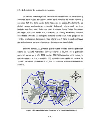 - 14 -
2.1.1.2. Definición del segmento de mercado.
La emisora se encargará de satisfacer las necesidades de anunciantes y
auditores de la ciudad de Osorno, capital de la provincia del mismo nombre y
que dista 197 Km. de la capital de la Región de los Lagos, Puerto Montt. La
ciudad posee equipamiento comercial, Industrial, educacional, servicios
públicos y profesionales. Comunas como: Puyehue, Puerto Octay, Purranque,
Río Negro, San Juan de la Costa, San Pablo, La Unión y Río Bueno; se hallan
conectadas a Osorno vía transporte terrestre dentro de un radio geográfico de
45 Km., involucrando tiempos de viaje inferiores a 1 hora, lo cual contribuye
con visitantes que trabajan o hacen uso del equipamiento señalado.
El último censo (2002) mostró que la ciudad contaba con una población
urbana de 132.245 habitantes, correspondiente al 90,91% de la población
comunal; asimismo, el año 1992 existían 114.239 habitantes en la ciudad, lo
que de acuerdo a una proyección [25] equivale a una población urbana de
148.693 habitantes para el año 2010, con un índice de masculinidad del orden
del 95%.
UNIVERSIDAD
1,7%
SORIANO
11%
LAGUNA
4,2%
VILLA OLÍMPICA
3,6%
RES.
CENTRO
9,6%
CENTRO
5,5%
LAS
QUEMAS
7,8%
OVEJERÍA
4,5%
RAHUE
30,3%
SCHILLING
4,6%
FRANCKE
17,1%
Figura 2.1 – Distribución de la Población en la ciudad de Osorno [26].
N
O E
S
 