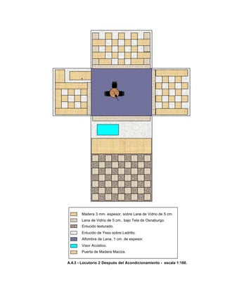 Madera 3 mm. espesor, sobre Lana de Vidrio de 5 cm.
Lana de Vidrio de 5 cm., bajo Tela de Osnaburgo.
Enlucido texturado.
Enlucido de Yeso sobre Ladrillo.
Alfombra de Lana, 1 cm. de espesor.
Visor Acústico.
Puerta de Madera Maciza.
A.4.3 - Locutorio 2 Después del Acondicionamiento - escala 1:100.
 