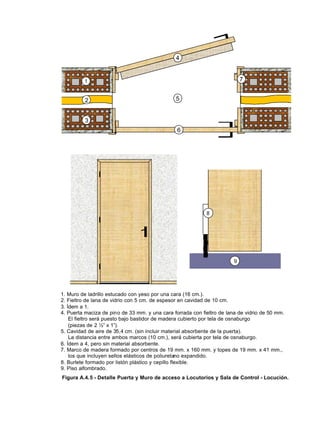 1. Muro de ladrillo estucado con yeso por una cara (16 cm.).
2. Fieltro de lana de vidrio con 5 cm. de espesor en cavidad de 10 cm.
3. Ídem a 1.
4. Puerta maciza de pino de 33 mm. y una cara forrada con fieltro de lana de vidrio de 50 mm.
El fieltro será puesto bajo bastidor de madera cubierto por tela de osnaburgo
(piezas de 2 ½” x 1”).
5. Cavidad de aire de 35,4 cm. (sin incluir material absorbente de la puerta).
La distancia entre ambos marcos (10 cm.), será cubierta por tela de osnaburgo.
6. Ídem a 4, pero sin material absorbente.
7. Marco de madera formado por centros de 19 mm. x 160 mm. y topes de 19 mm. x 41 mm.,
los que incluyen sellos elásticos de poliuretano expandido.
8. Burlete formado por listón plástico y cepillo flexible.
9. Piso alfombrado.
Figura A.4.5 - Detalle Puerta y Muro de acceso a Locutorios y Sala de Control - Locución.
9
8
5
6
2
1
3
4
7
 