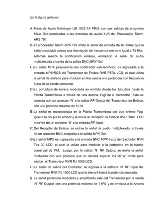 En la figura anterior:
A)Mesa de Audio Behringer UB 1832 FX PRO, con sus salidas de programa
Main Out conectadas a las entradas de audio XLR del Procesador Storm
APS 701.
B)El procesador Storm APS 701 limita la señal de entrada de tal forma que la
señal modulada posea una desviación de frecuencia menor o igual a 75 Khz.
Además realiza la codificación estéreo, emitiendo la señal de audio
multiplexada a través de la salida BNC MPX Out.
C)La señal MPX proveniente del codificador estereofónico es ingresada a la
entrada MPX/RDS del Transmisor de Enlace RVR PTRL LCD, el cual utiliza
la señal de entrada para modular en frecuencia una portadora con frecuencia
fuera de la banda comercial.
D)La portadora de enlace modulada es emitida desde los Estudios hasta la
Planta Transmisora a través de una antena Yagi de 6 elementos, ésta se
conecta con un conector ‘N’ a la salida RF Output del Transmisor de Enlace,
con una potencia máxima de 10 W.
E)La señal es recepcionada en la Planta Transmisora por otra antena Yagi
igual a la del punto emisor y la envía al Receptor de Enlace RVR RXRL LCD
a través de un conector ‘N’ a la entrada RF Input.
F) Del Receptor de Enlace, se extrae la señal de audio multiplexado, a través
de un conector BNC acoplado a la salida MPX Out.
G)La señal MPX es ingresada a la entrada BNC MPX Input del Excitador RVR
Tex 30 LCD, el cual la utiliza para modular a la portadora en la banda
comercial de FM. Luego, por la salida ‘N’ RF Output, se emite la señal
modulada con una potencia que no deberá superar los 20 W, límite para
excitar el Transmisor RVR PJ 1000 LCD.
H)La señal de salida del Excitador, se ingresa a la entrada ‘N’ RF Input del
Transmisor RVR PJ 1000 LCD que la elevará hasta la potencia deseada.
I) La señal portadora modulada y amplificada sale del Transmisor por la salida
‘N’ RF Output, con una potencia máxima de 1 KW y es enviada a la Antena
 